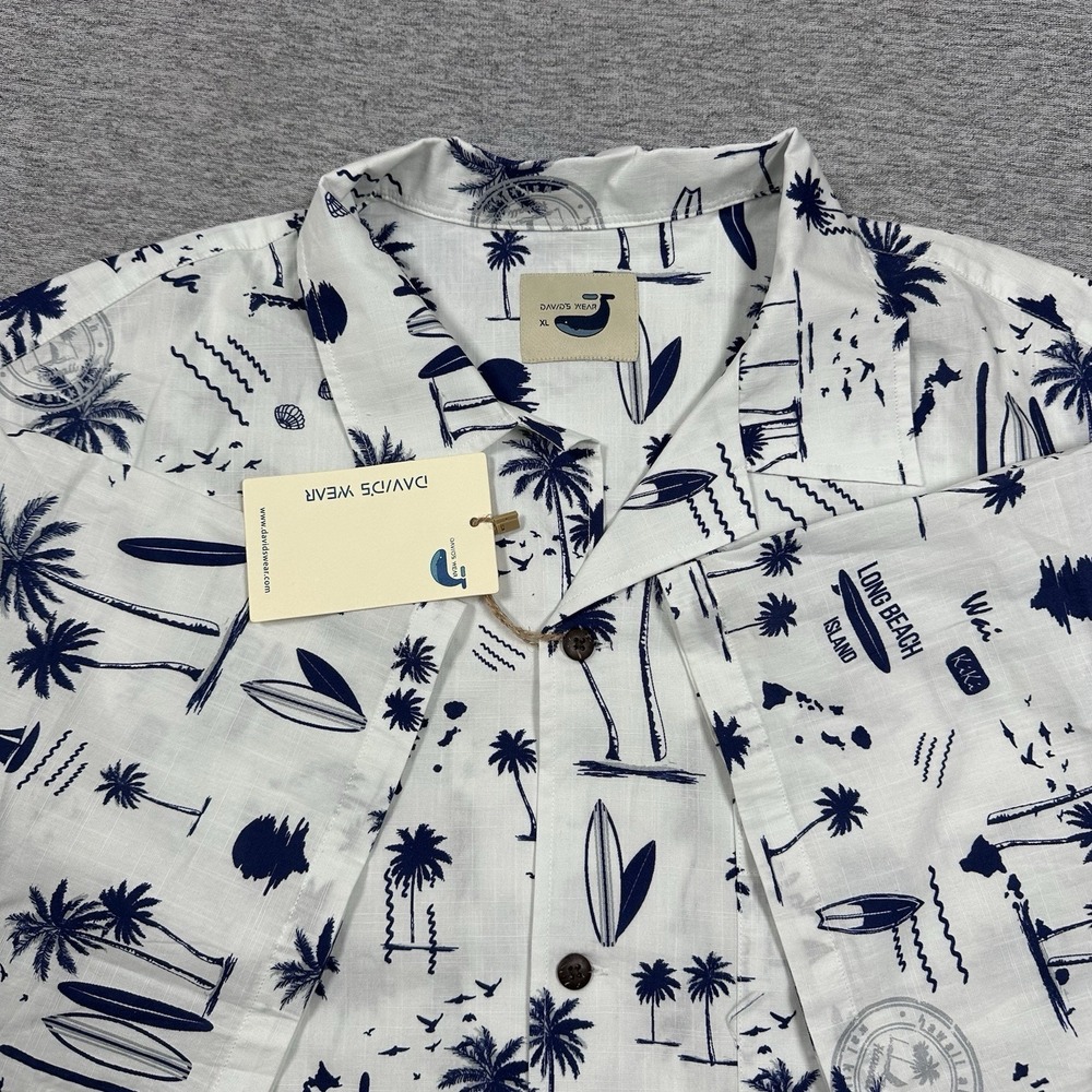 Davids Wear Shirt Mens XL White Blue Hawaiian Long Beach Short Sleeve NEW